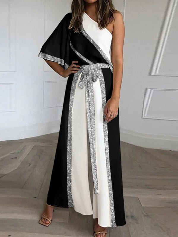 Women's Jumpsuits Shiny Sloping Shoulder Wide Leg Jumpsuit