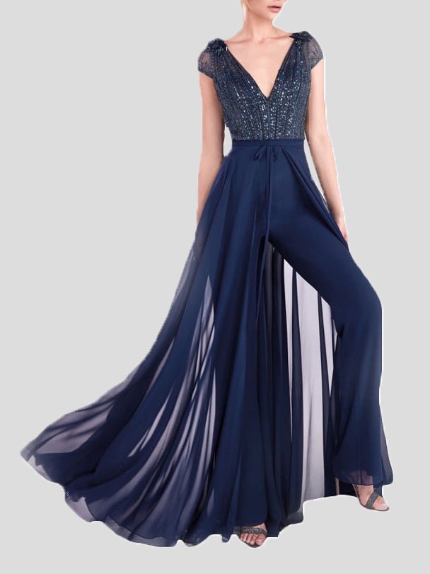 Women's Jumpsuits Shiny V-Neck Fake Two Piece Jumpsuit