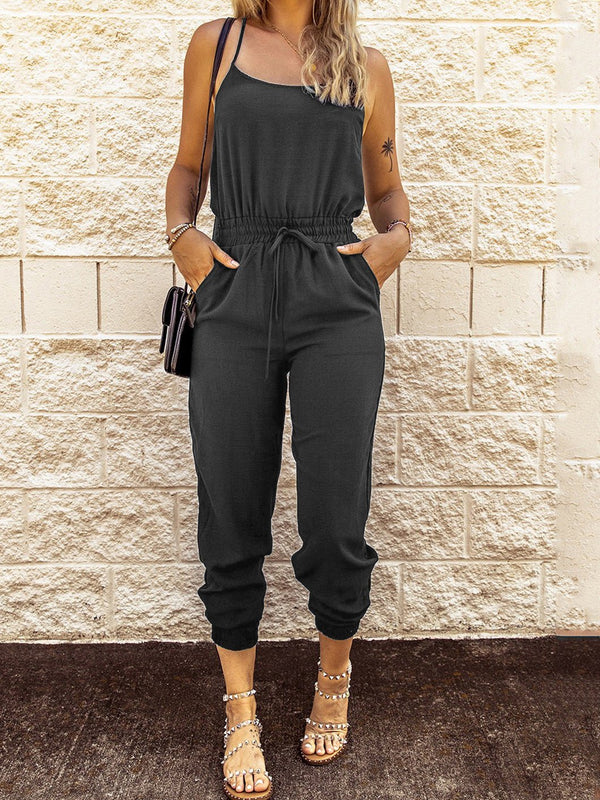 Women's Jumpsuits Sling Tie Elastic Waist Pocket Slim Fit Jumpsuit