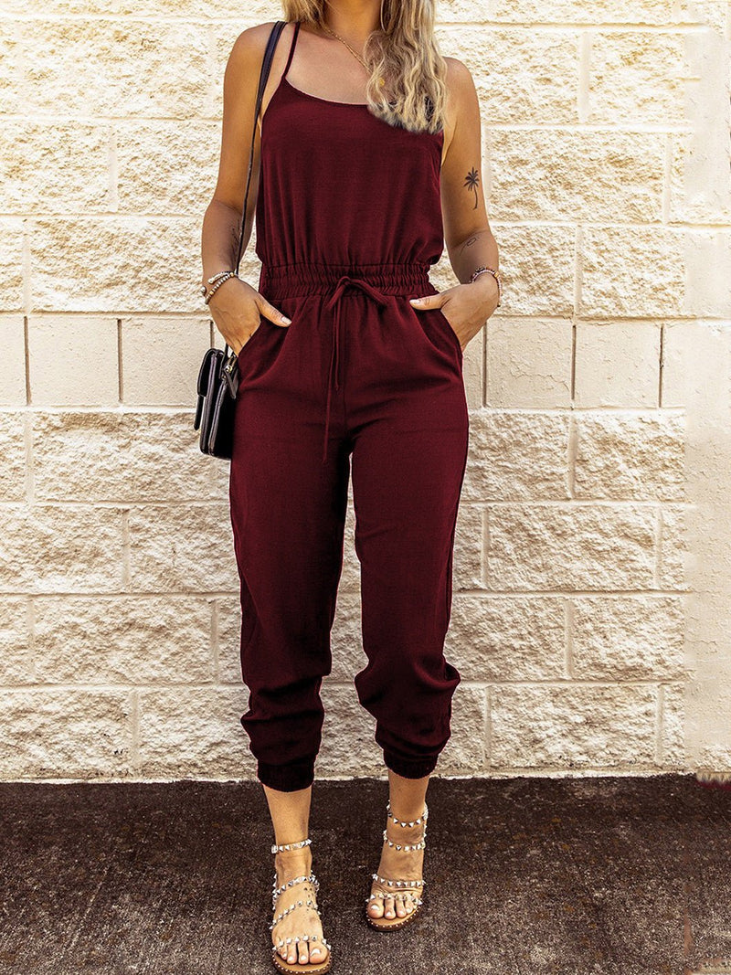 Women's Jumpsuits Sling Tie Elastic Waist Pocket Slim Fit Jumpsuit