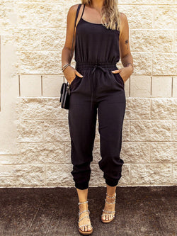 Women's Jumpsuits Sling Tie Elastic Waist Pocket Slim Fit Jumpsuit