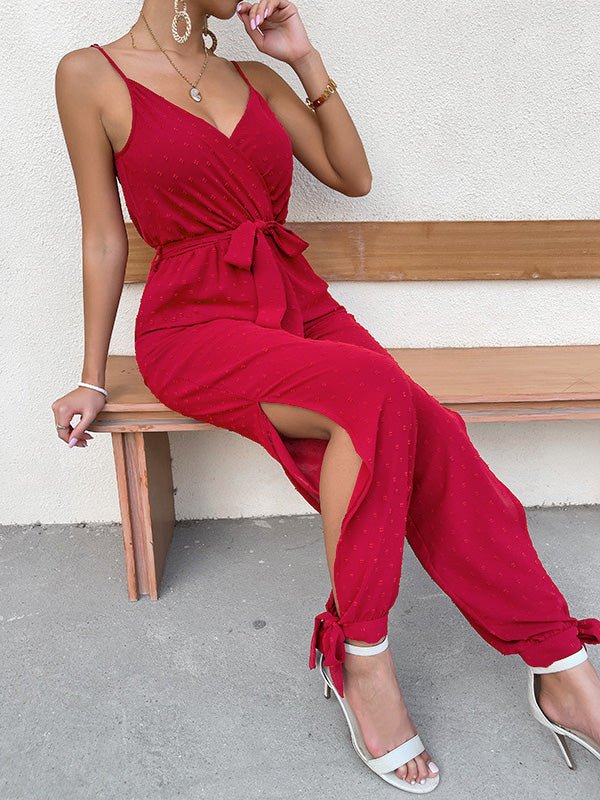 Women's Jumpsuits Sling V-Neck Tie Slit Sleeveless Jumpsuit