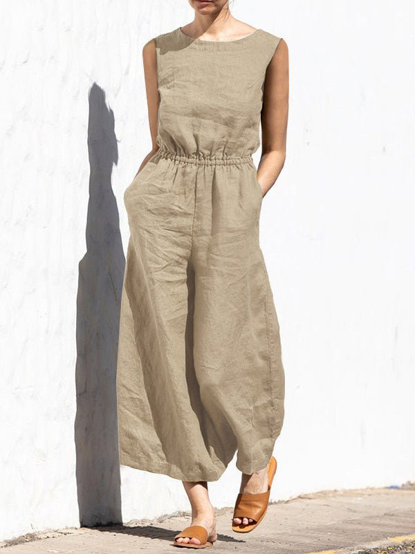 Women's Jumpsuits Solid Elastic Waist Pocket Sleeveless Jumpsuit