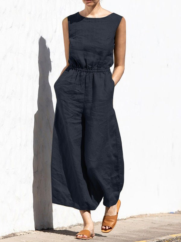 Women's Jumpsuits Solid Elastic Waist Pocket Sleeveless Jumpsuit