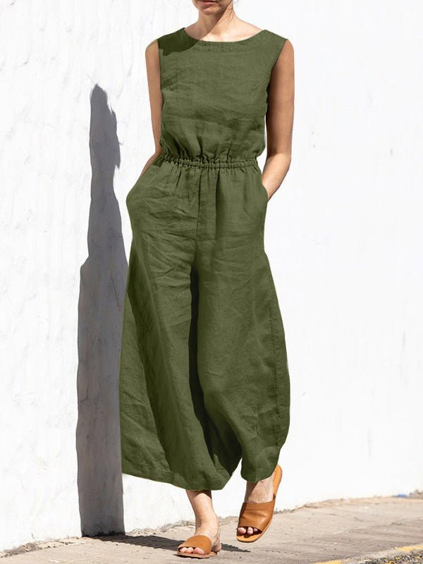 Women's Jumpsuits Solid Elastic Waist Pocket Sleeveless Jumpsuit