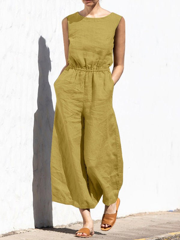 Women's Jumpsuits Solid Elastic Waist Pocket Sleeveless Jumpsuit