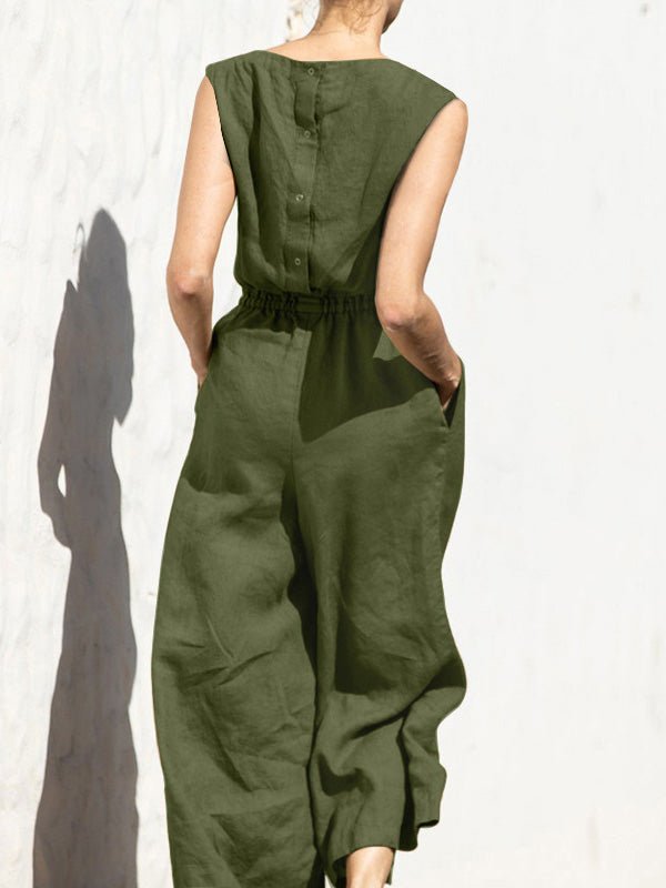 Women's Jumpsuits Solid Elastic Waist Pocket Sleeveless Jumpsuit