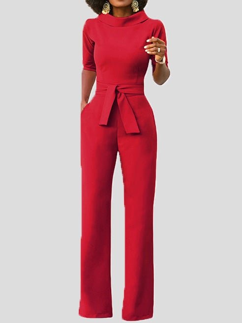 Women's Jumpsuits Solid Five-Point Sleeve Belted Wide-Leg Jumpsuit