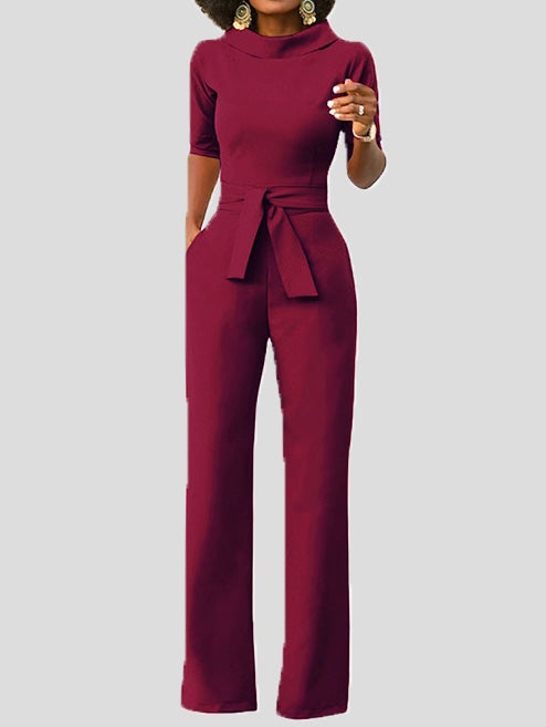 Women's Jumpsuits Solid Five-Point Sleeve Belted Wide-Leg Jumpsuit