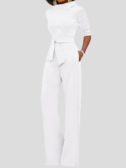 Women's Jumpsuits Solid Five-Point Sleeve Belted Wide-Leg Jumpsuit