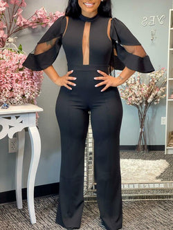 Women's Jumpsuits Solid Mesh Panel Irregular Sleeve Jumpsuit