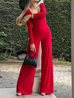 Women's Jumpsuits Solid Square Neck Long Sleeve Slim Fit Jumpsuit