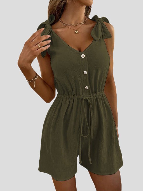 Women's Jumpsuits Solid V-Neck Button Belted Jumpsuit