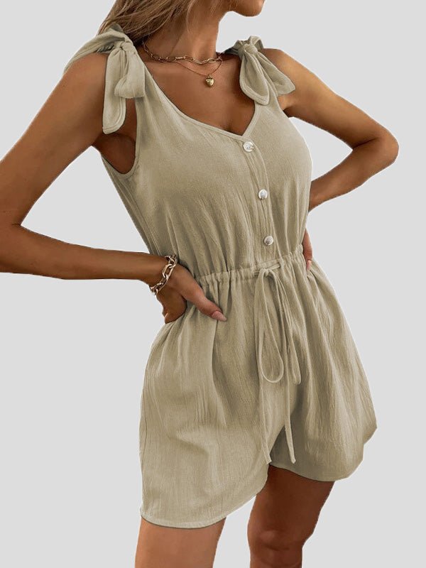 Women's Jumpsuits Solid V-Neck Button Belted Jumpsuit