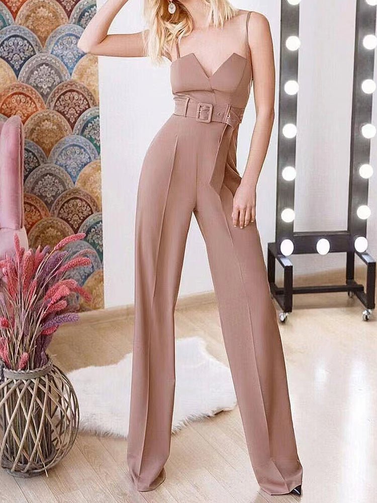 Women's Jumpsuits Strap Notched V Neck Belt Wide Leg Pants Jumpsuit