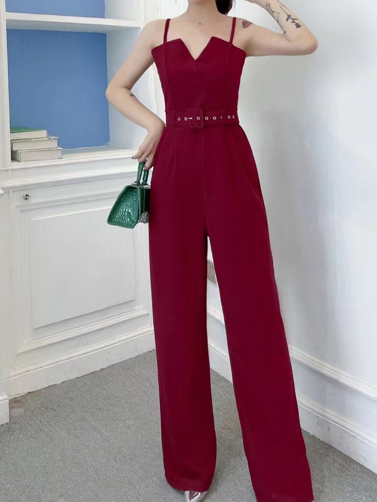 Women's Jumpsuits Strap Notched V Neck Belt Wide Leg Pants Jumpsuit