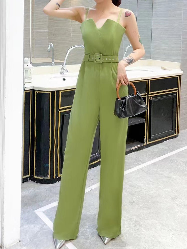 Women's Jumpsuits Strap Notched V Neck Belt Wide Leg Pants Jumpsuit