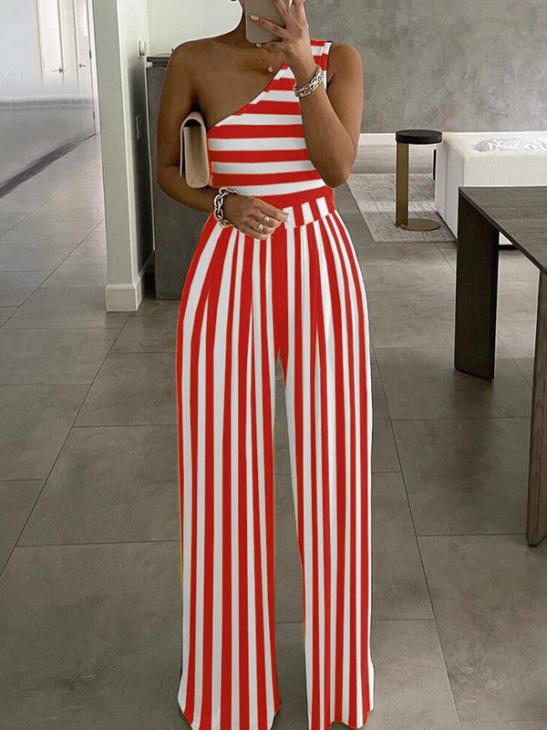 Women's Jumpsuits Striped Print One-Shoulder Jumpsuit