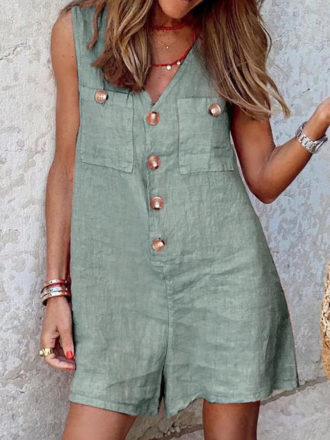 Women's Jumpsuits V-Neck Button Pocket Sleeveless Jumpsuit