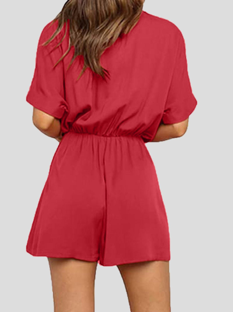 Women's Jumpsuits V-Neck Button Short Sleeve Pocket Belted Jumpsuit