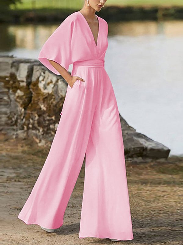 Women's Jumpsuits V-Neck High Waist Wide Leg Jumpsuit