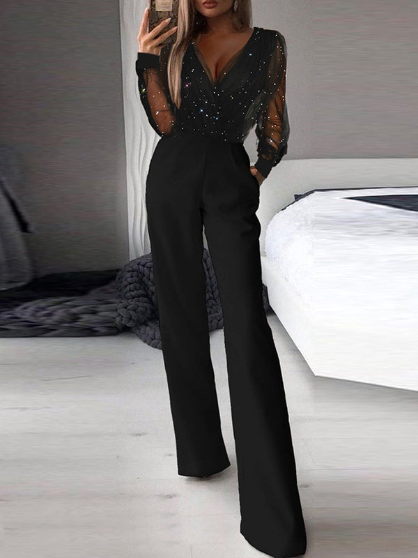 Women's Jumpsuits V-Neck Mesh Stitching Long Sleeve Jumpsuit