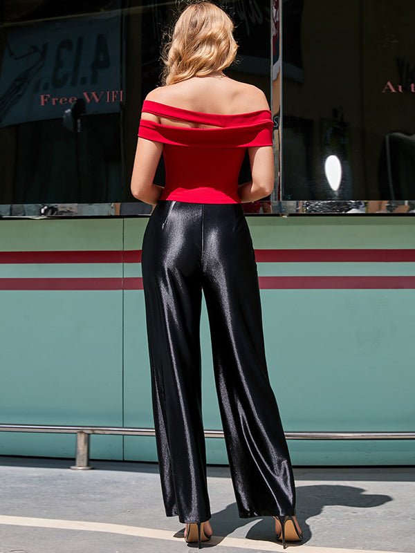 Women's Pants Casual Loose Straight Leg Button Shiny Pants