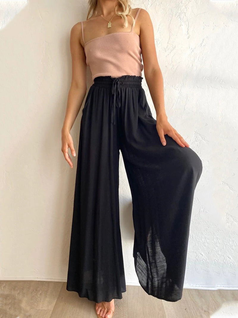 Women's Pants Loose Elastic Waist Pocket Wide Leg Pants