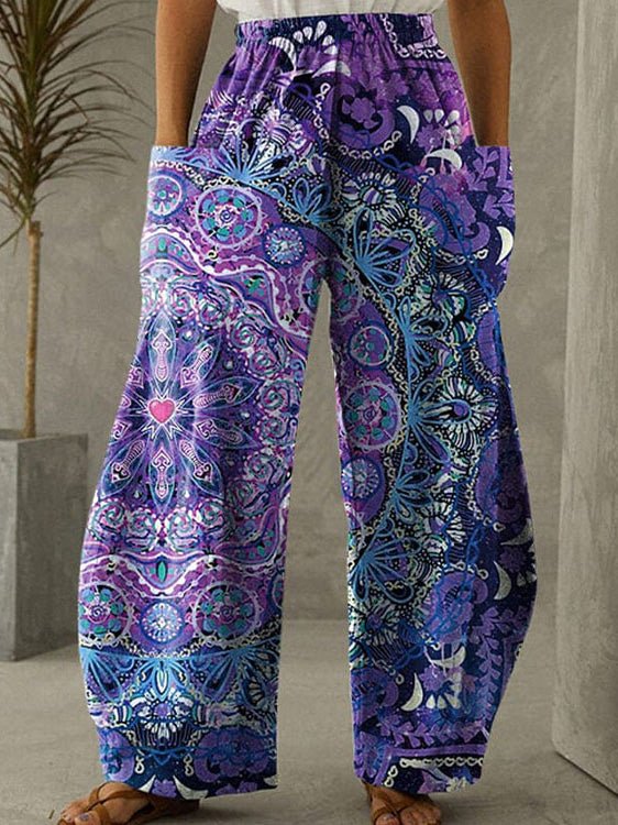 Women's Pants Loose Printed High Waist Pocket Wide Leg Pants