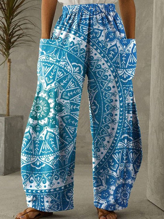 Women's Pants Loose Printed High Waist Pocket Wide Leg Pants