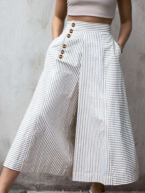 Women's Pants Striped Button Pocket Wide-Leg Pants