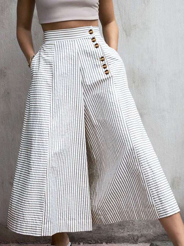 Women's Pants Striped Button Pocket Wide-Leg Pants