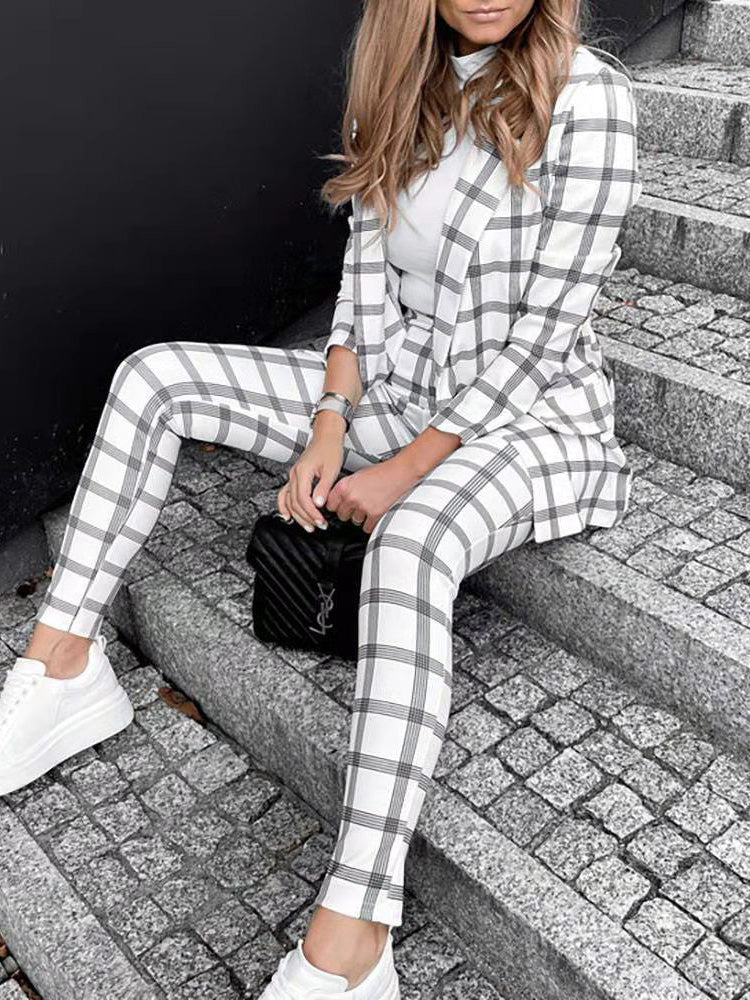 Women's Sets Check Print Blazer Trousers Two-Piece Set