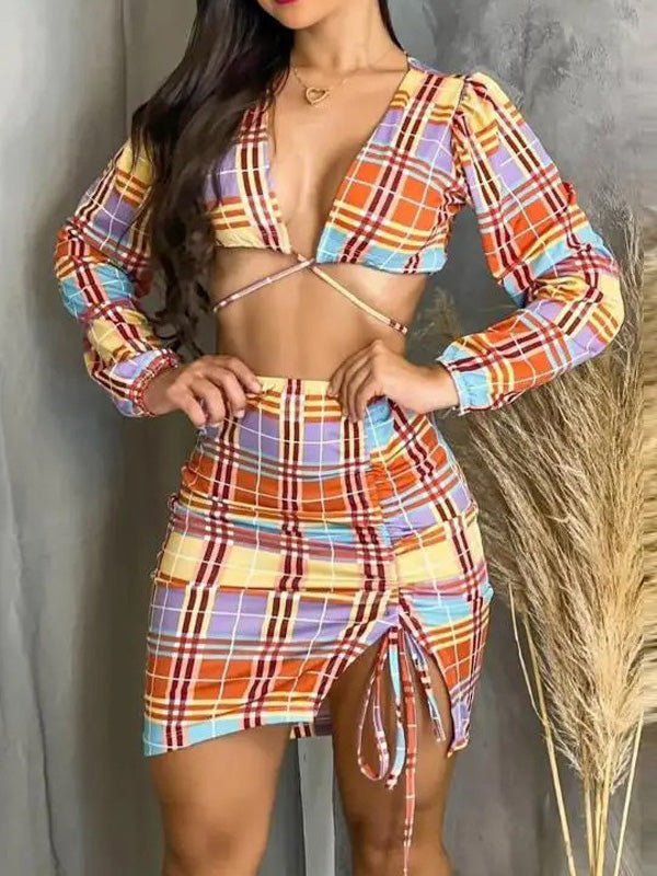 Women's Sets Check Print Long Sleeve Crop Top & Drawstring Skirt Two-Piece Set