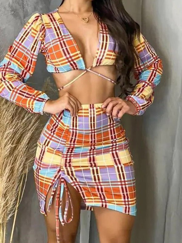 Women's Sets Check Print Long Sleeve Crop Top & Drawstring Skirt Two-Piece Set