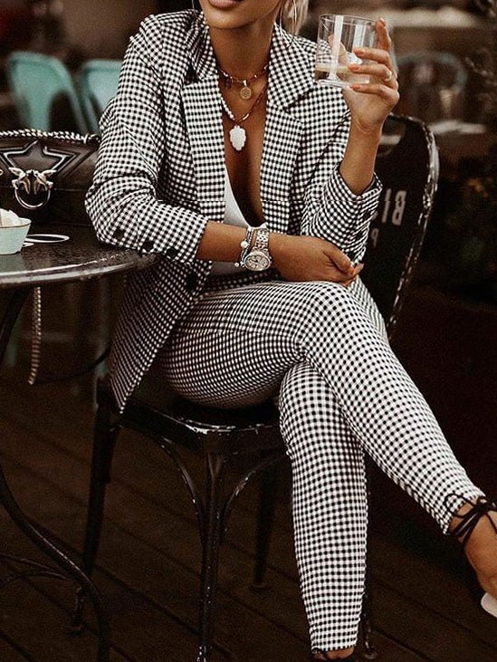 Women's Sets Check Slim Blazers& Trousers Two-Piece Set