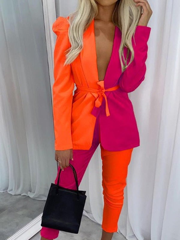 Women's Sets Contrast Lace-Up Suit & Trousers Two Piece Set