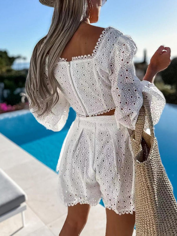 Women's Sets Cutout Lantern Sleeve Crop Top & Shorts Two-Piece Set