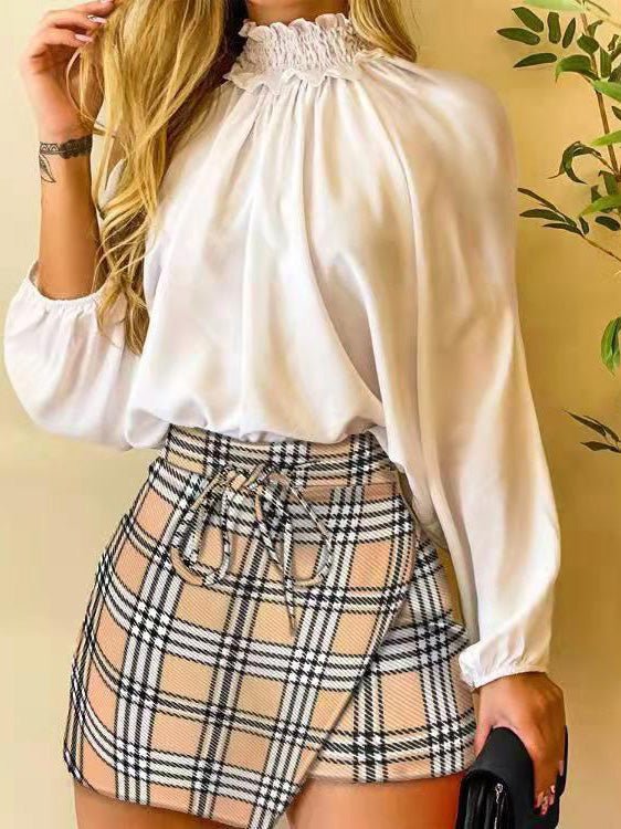 Women's Sets High Neck Off Shoulder Shirt & Print Skirt Two Piece Set