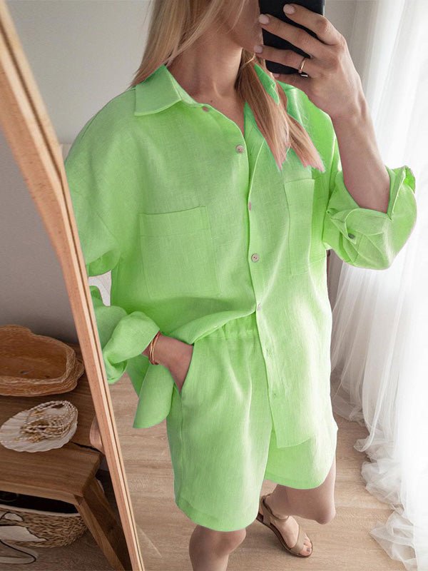 Women's Sets Long Sleeve Shirt & Elastic Waist Shorts Two-Piece Set