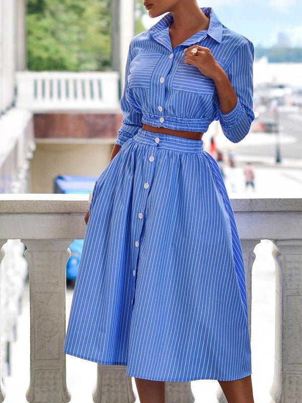 Women's Sets Long Sleeve Striped Shirt & Skirt Two-Piece Set