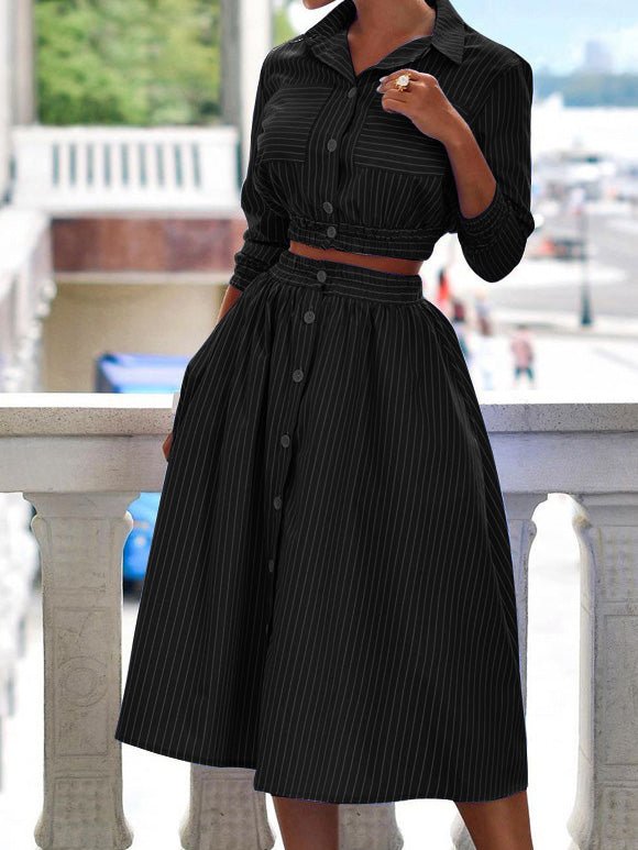 Women's Sets Long Sleeve Striped Shirt & Skirt Two-Piece Set