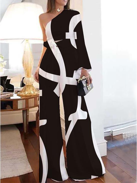 One-Shoulder Sleeve Lace Up Top & Wide-Leg Pants Two-Piece Suit