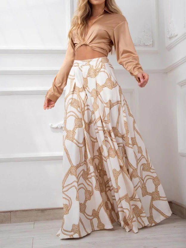 Women's Sets Printed Lace-Up Shirt & Wide Leg Pants Two-Piece Set