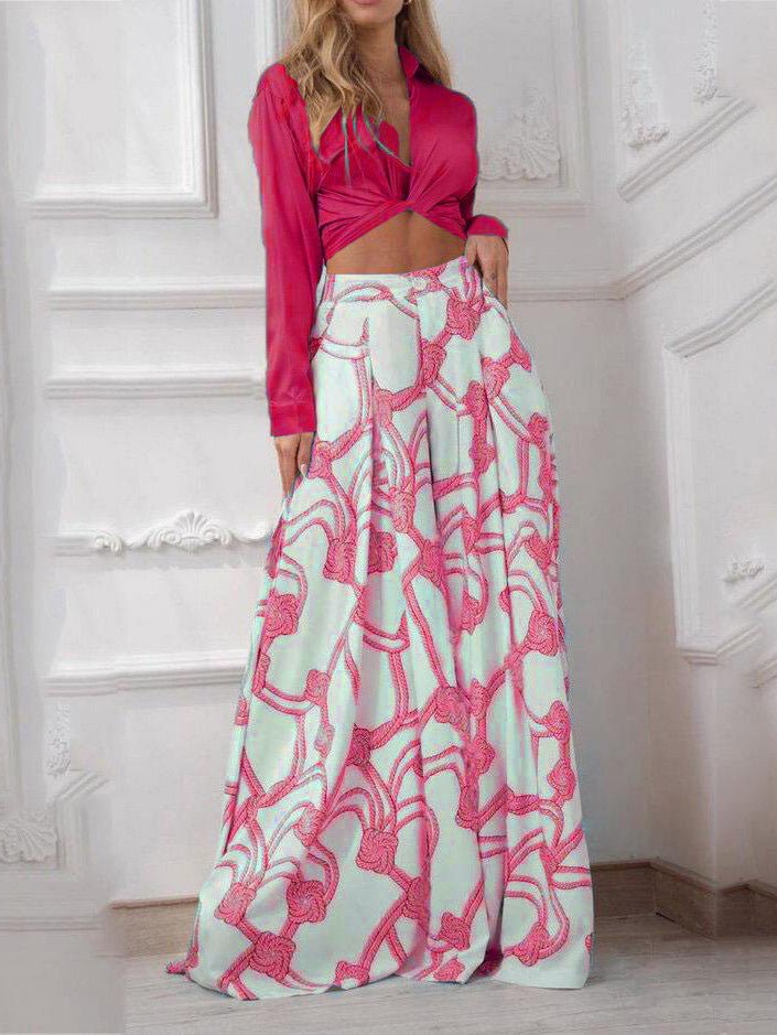 Women's Sets Printed Lace-Up Shirt & Wide Leg Pants Two-Piece Set