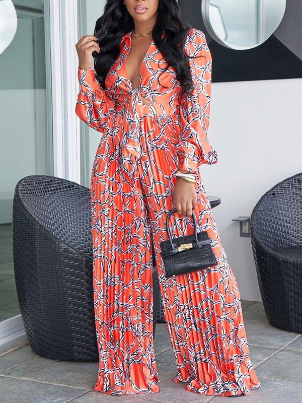 Women's Sets Printed Pleated Long Sleeve Shirt & Pants Two-Piece Set