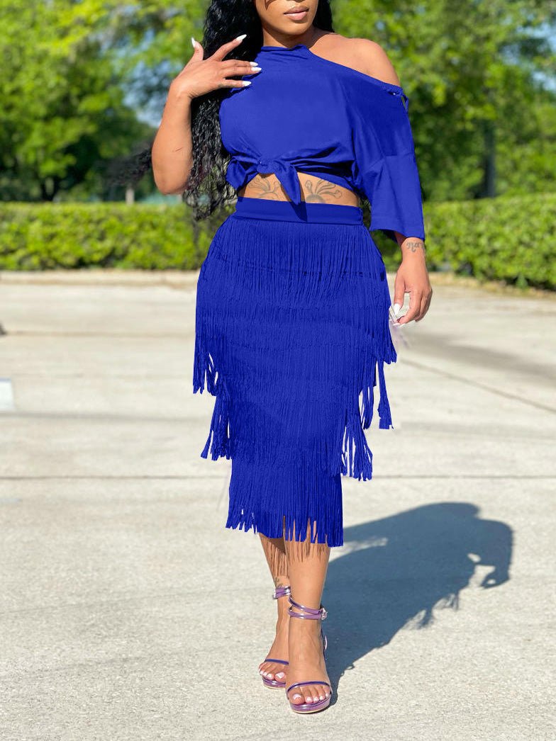 Women's Sets Sloping Shoulder Crop Top & Fringe Skirt Two-Piece Set