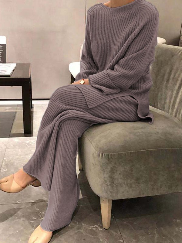 Women's Sets Solid Knitted Long Sleeve Sweater Pants Casual Two-piece Suit