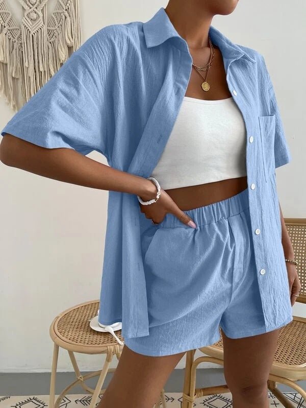 Women's Sets Solid Short Sleeve Shirt & Shorts Two Piece Set