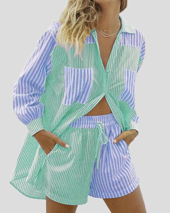 Women's Sets Striped Shirt & Pocket Shorts Two-Piece Set